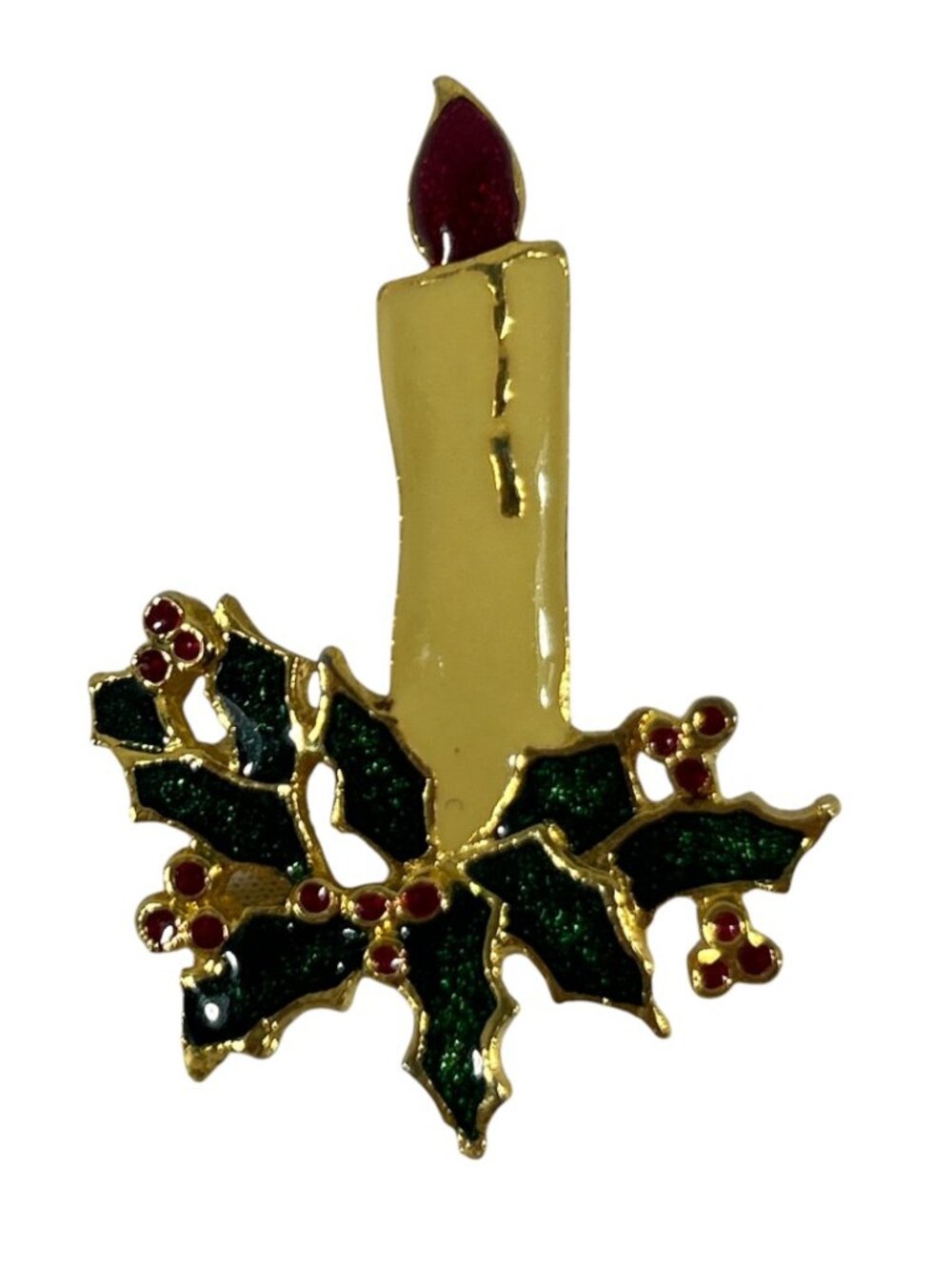 Vintage Christmas Candle Brooch Holly Red Green Enamel Gold Tone Holiday Pin